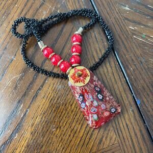 Vintage Chinese Red Glass Cloisonné Beaded Tassel Necklace
